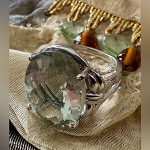 Large Silver Prasiolite Gemstone Ring - Size 8.5